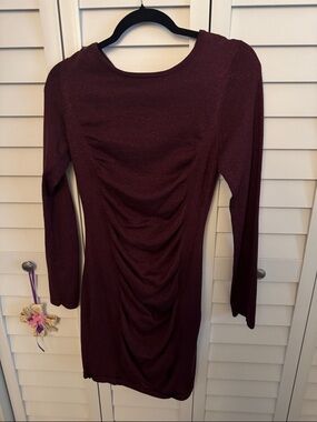 Express Long Sleeve Ruched Bodycon Dress in Burgundy
